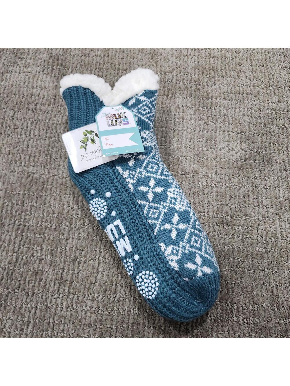 MUK LUKS Blue White Knit Sherpa-Lined Slipper Socks New With Tags